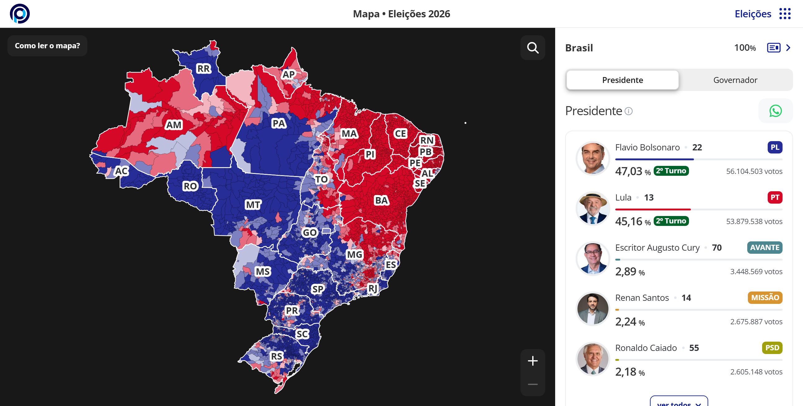 Mapa interativo do Conexão Política com o resultado da eleição para presidente em cada município do Brasil, em tons de azul e vermelho, ao lado da lista de candidatos com a porcentagem de votos