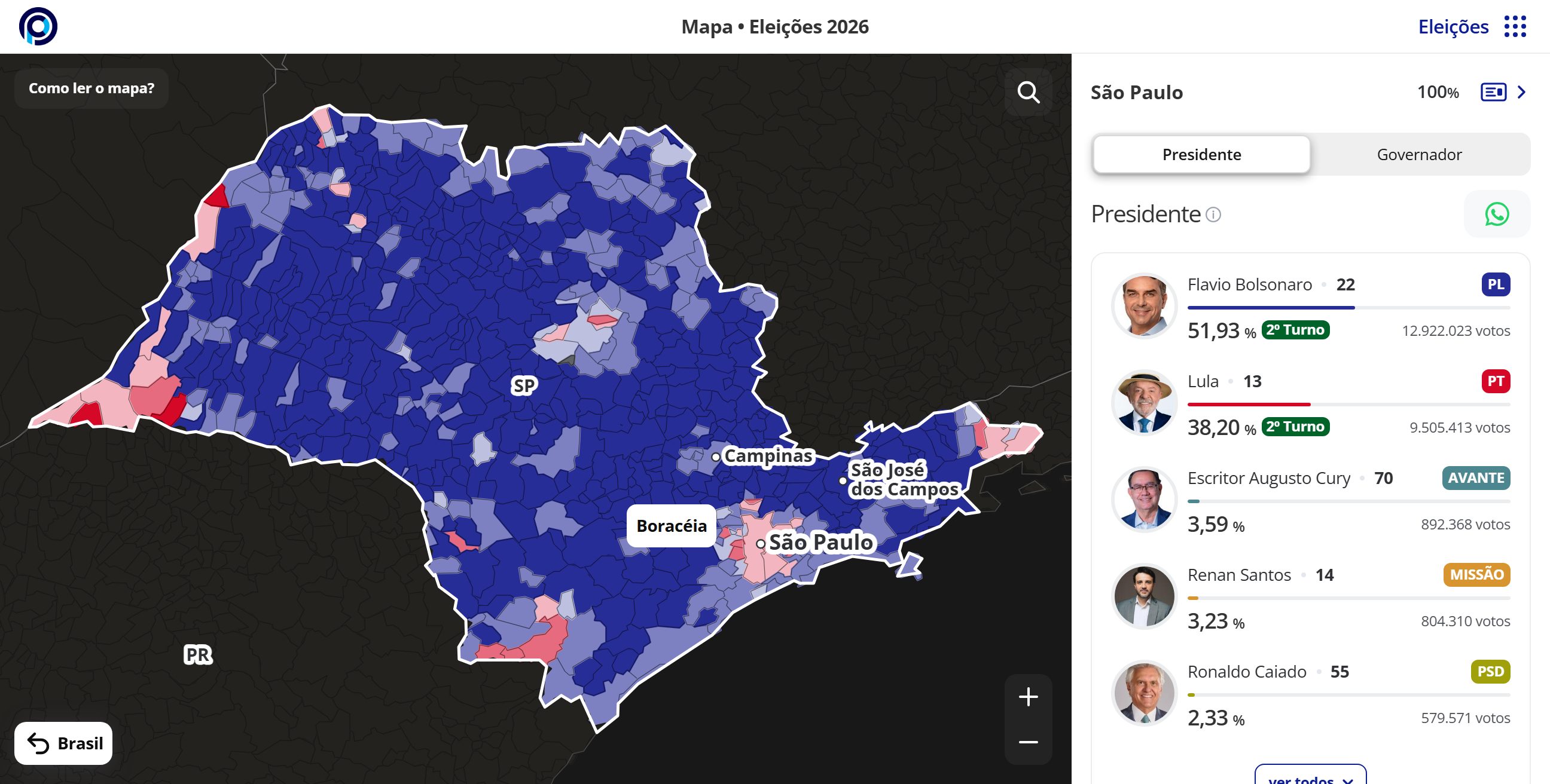 Mapa interativo aproximado no estado de São Paulo, com o resultado para presidente em cada município e a lista dos candidatos no estado